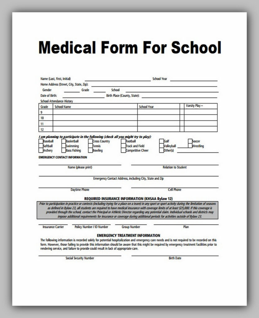 Medical Form For School Medical Form Templates