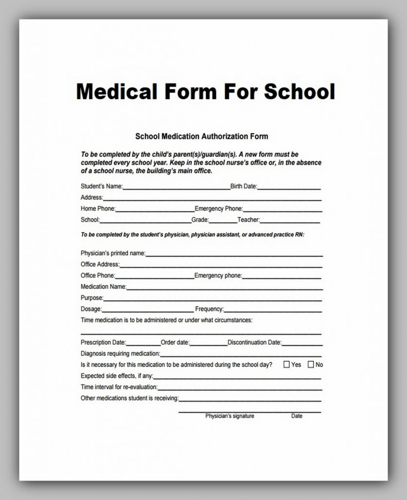 Medical Form For School Medical Form Templates