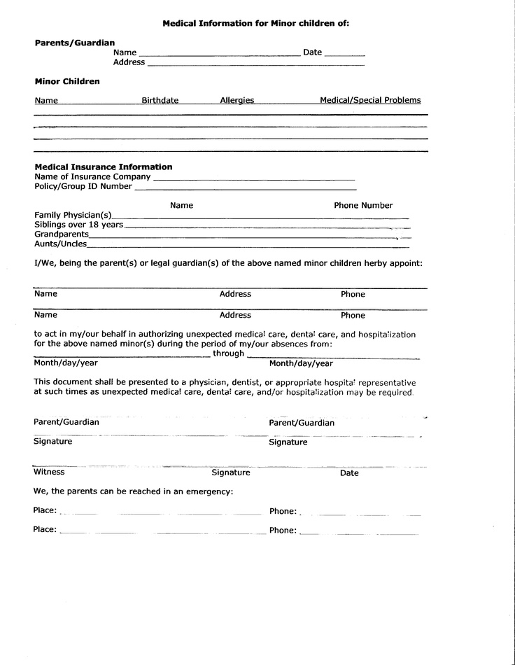 Medical Release Form For Child While Parents Out Town Templates Free 