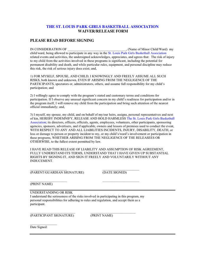 Medical Waiver Form Download Free Documents For PDF Word And Excel