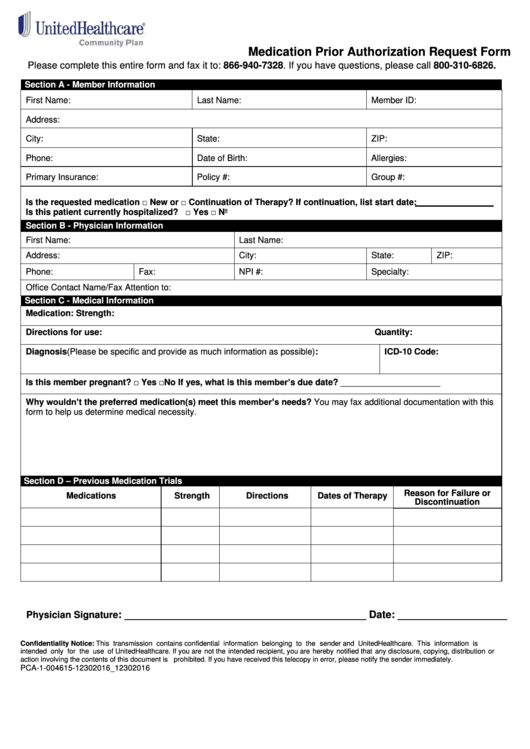 Medication Prior Authorization Request Form United Healthcare 