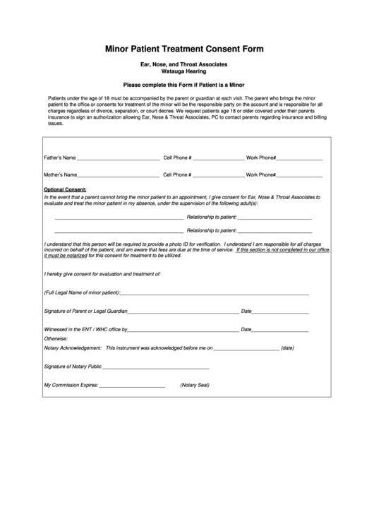 Minor Patient Treatment Consent Form Printable Pdf Download