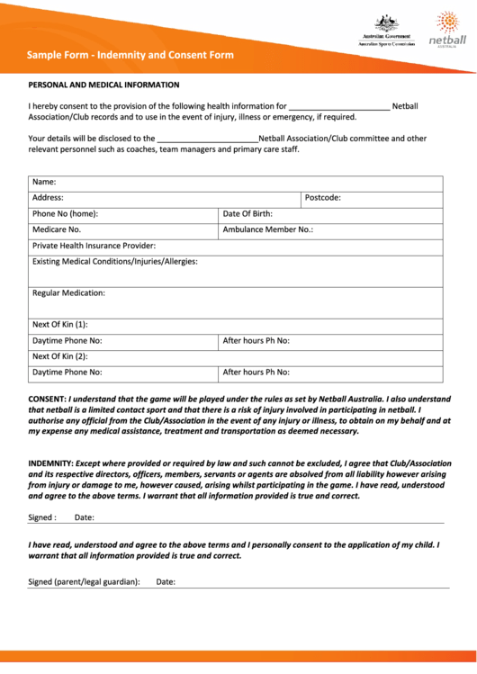 Netball Sample Form Indemnity And Consent Form Printable Pdf Download