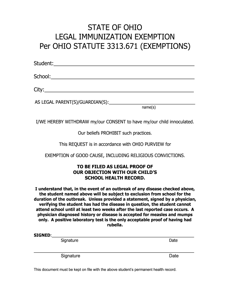 Ohio Vaccine Exemption Form Fill Online Printable Fillable Blank 