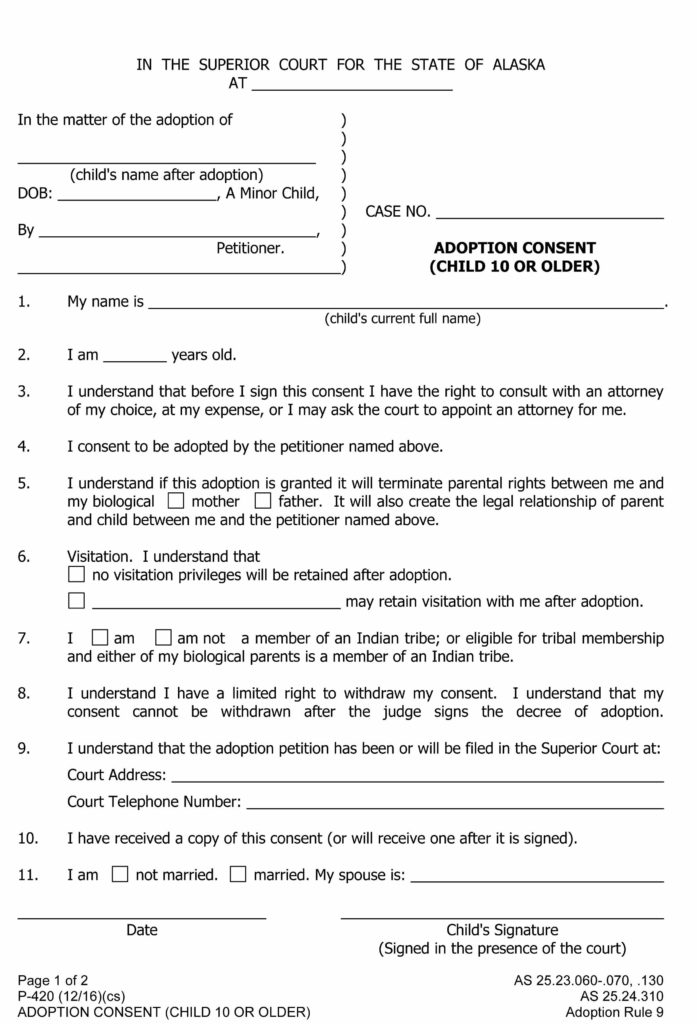 P 420 Alaska Adoption Consent Child 10 Or Older WikiForm