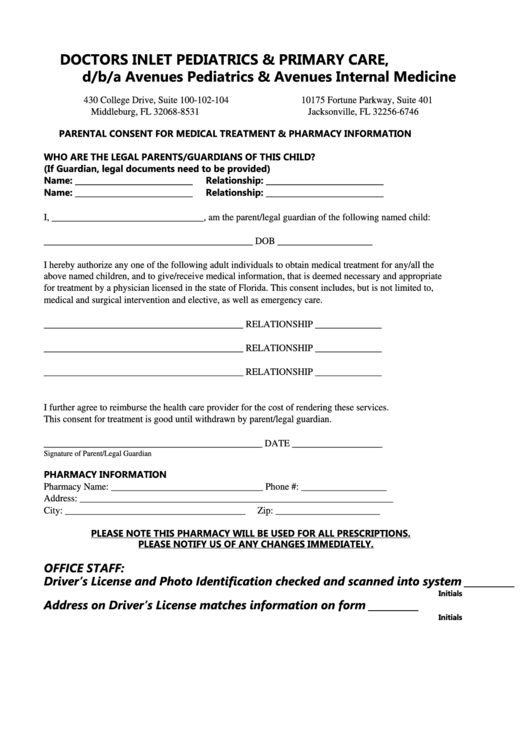 Parental Consent For Medical Treatment Pharmacy Information Form