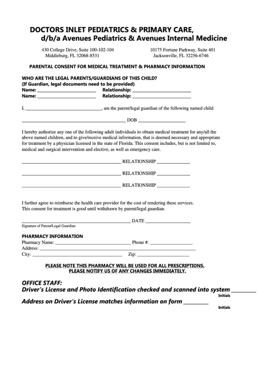 Parental Consent For Medical Treatment Pharmacy Information Form 