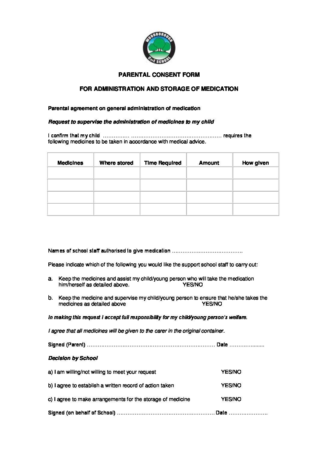 PARENTAL CONSENT FORM For Administration Of Medicines Woodborough