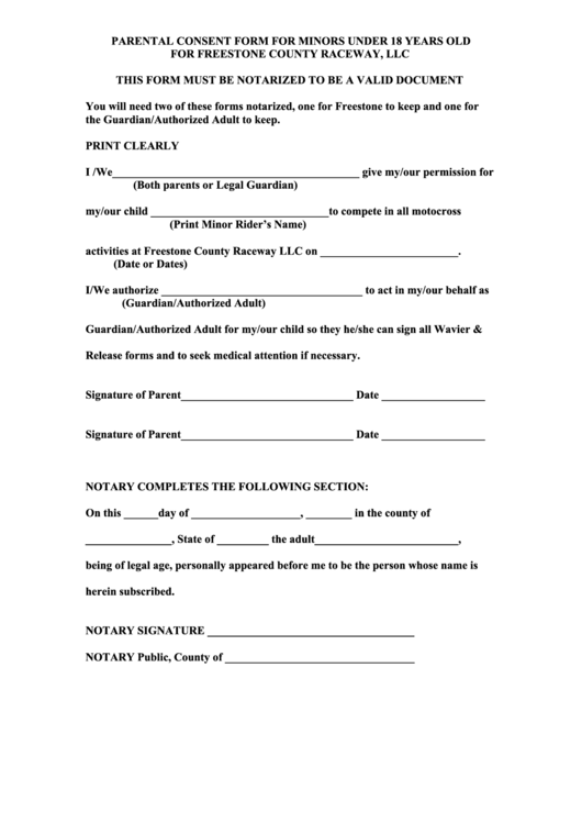 Parental Consent Form For Minors Under 18 Years Old Printable Pdf Download