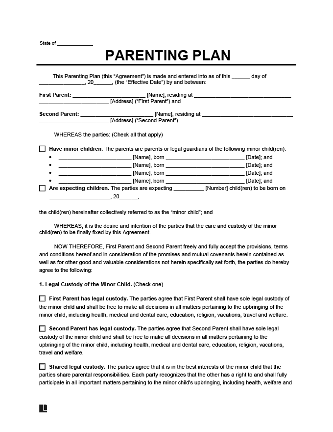 Parenting Plan Template Free Child Custody Agreement Form Legal 