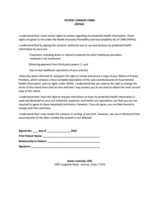 Patient Consent Form Hipaa Printable Pdf Download