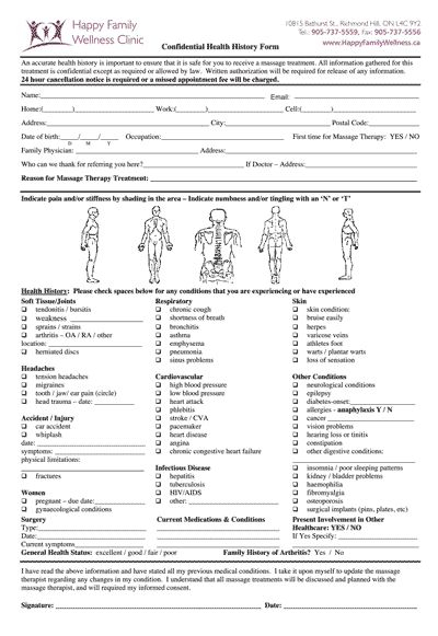 Patient Forms Massage Therapy Intake Form Health History Form 