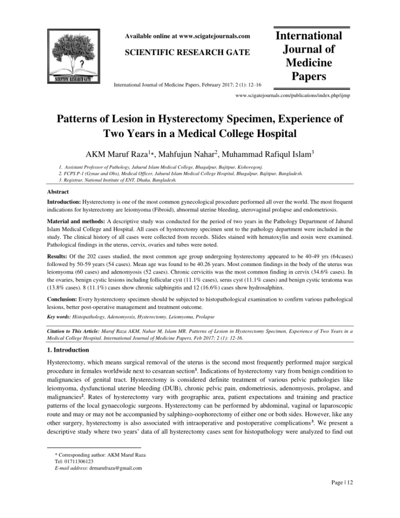  PDF Patterns Of Lesion In Hysterectomy Specimen Experience Of Two 