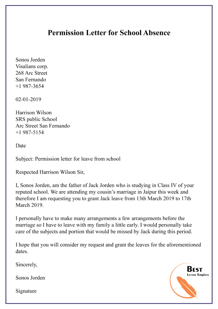 Permission Letter For School Absence 01 Best Letter Template