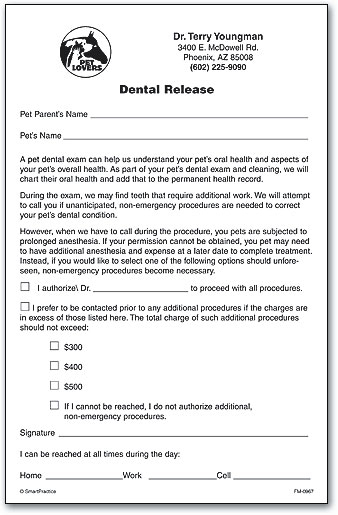 Pet Dental Release Consent Form SmartPractice Veterinary