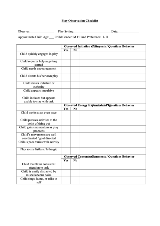 Play Observation Checklist Printable Pdf Download