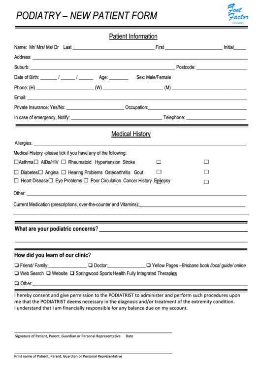 Podiatry New Patient Form Printable Pdf Download