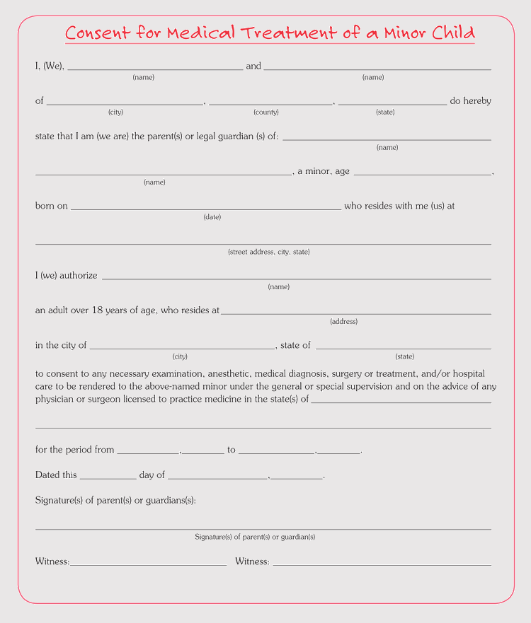 Printable Medical Consent Form For Minor Traveling Without Parents 