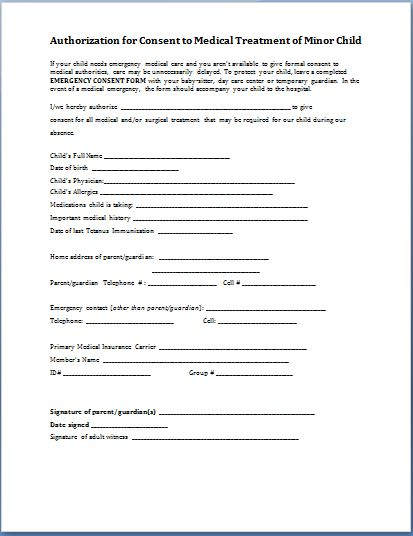 Sample Child Consent Forms Templates Printable Medical Forms Letters 