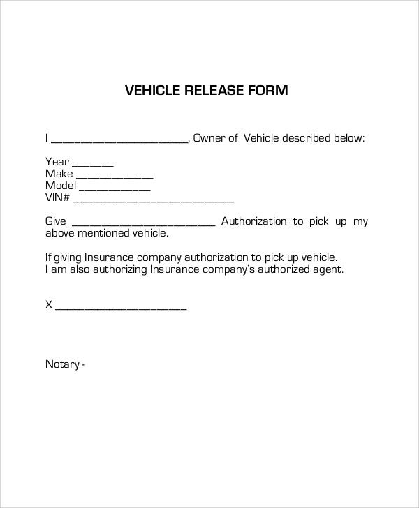 Sample Vehicle Release Form Examples Word Pdf Authorization Letter 