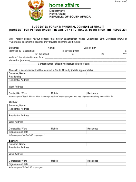 South Africa Parental Consent Affidavit Form Download Printable PDF 