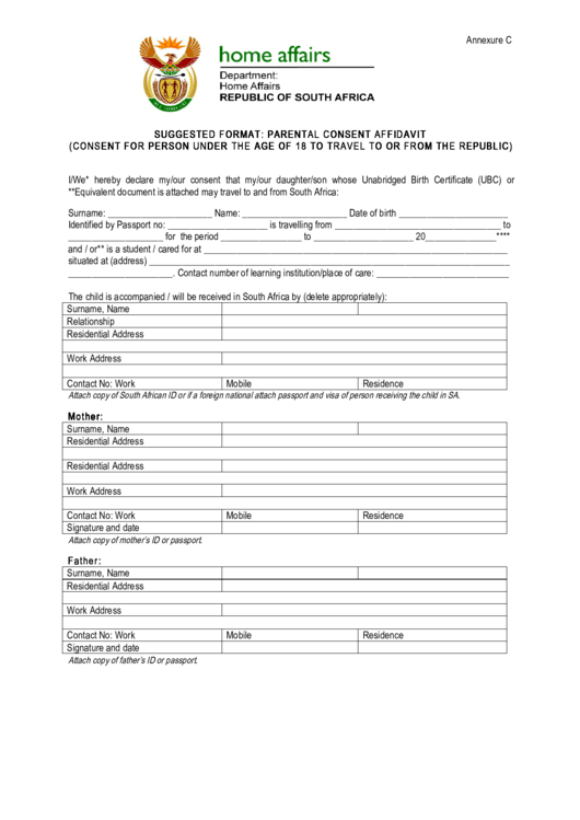 South Africa Parental Consent Affidavit Form Printable Pdf Download