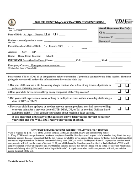 Student Tdap Vaccination Consent Form 2016 Printable Pdf Download