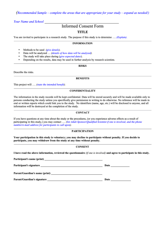 Study Participation Informed Consent Form Printable Pdf Download