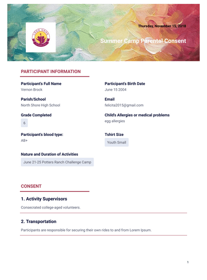 Summer Camp Parental Consent PDF Templates JotForm