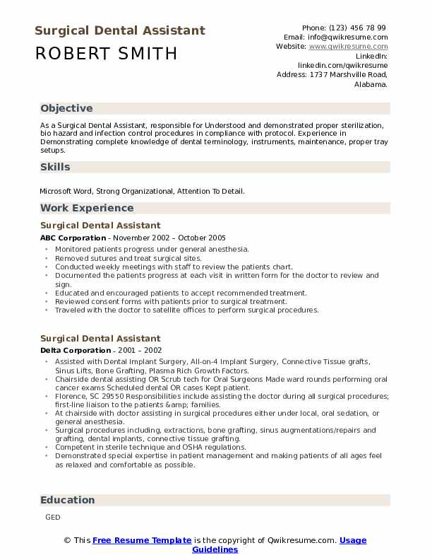 Surgical Dental Assistant Resume Samples QwikResume