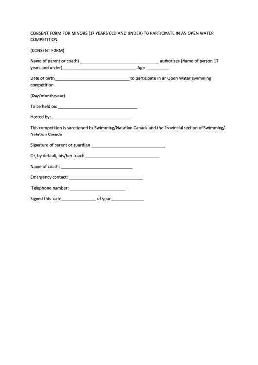 Swimming Natation Canada Consent Form For Minors To Participate In An 