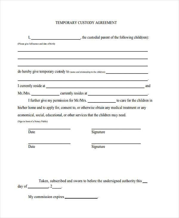 Temporary Guardianship Agreement Form Custody Agreement Child 