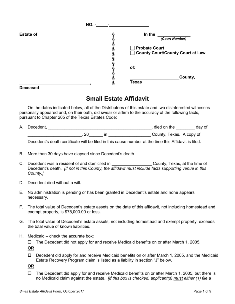 Texas Small Estate Affidavit Template 100 Customizable 