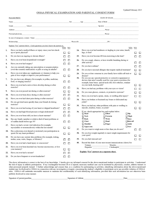 Top Ossaa Physical Examination And Parental Consent Form Templates Free