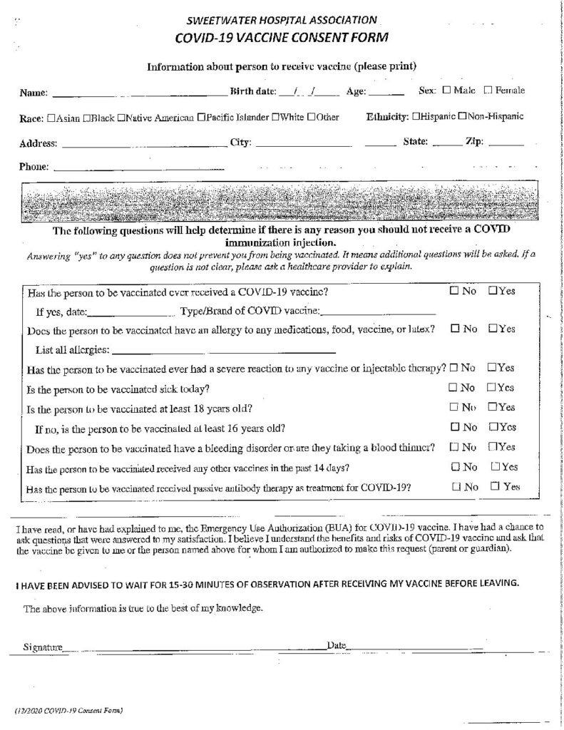 Vaccine Consent Form Sweetwater Hospital Association