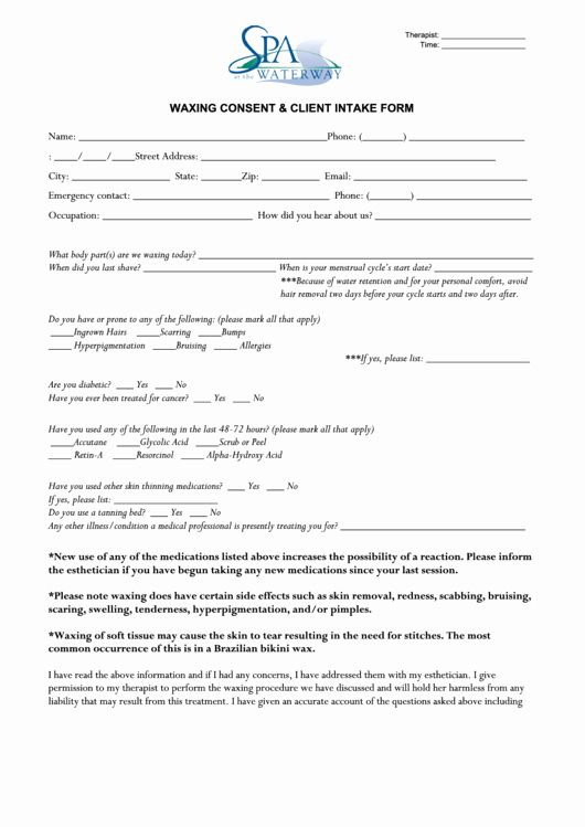 Waxing Consent Form Template Elegant Waxing Consent Client Intake Form 