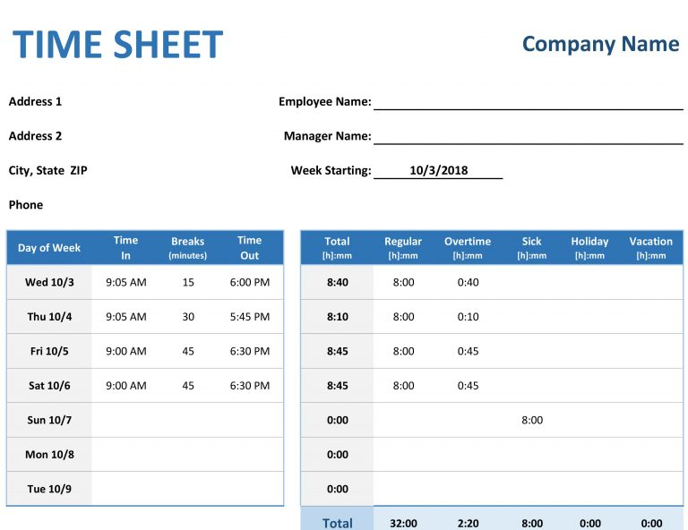 Weekly Timesheet Template Excel Templates Free Printable