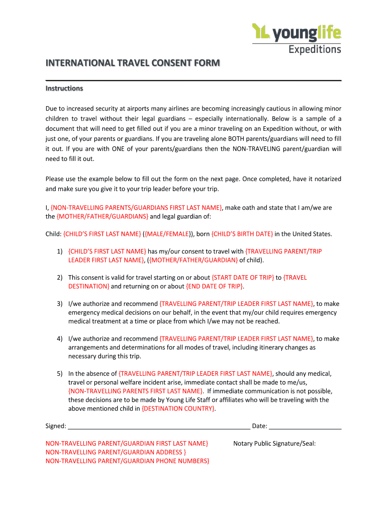 Young Life Expeditions International Travel Consent Form Fill And 