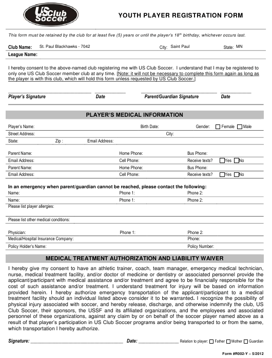 Youth Player Registration Form Us Club Soccer Download Fillable PDF 