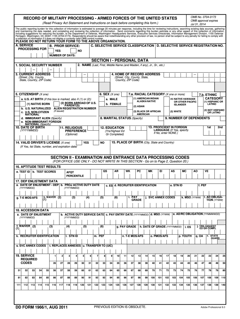 2011 Form DD 1966 1 Fill Online Printable Fillable Blank PDFfiller