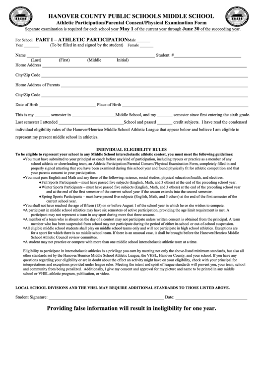 Athletic Participation parental Consent physical Examination Form 