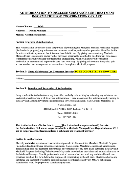 Authorization To Disclose Substance Use Treatment Information For 