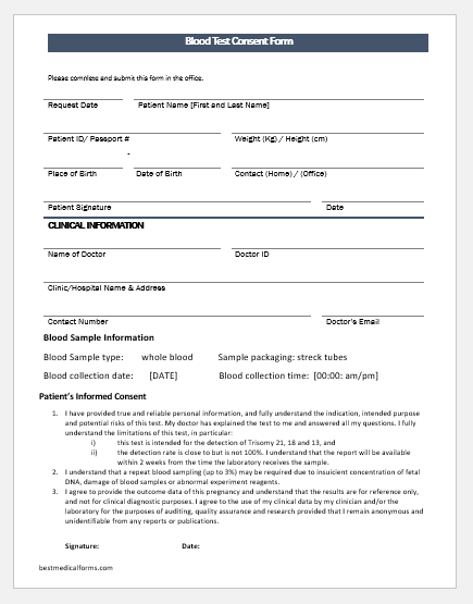 Blood Test Consent Form TEMPLATES For Word Printable Medical Forms 