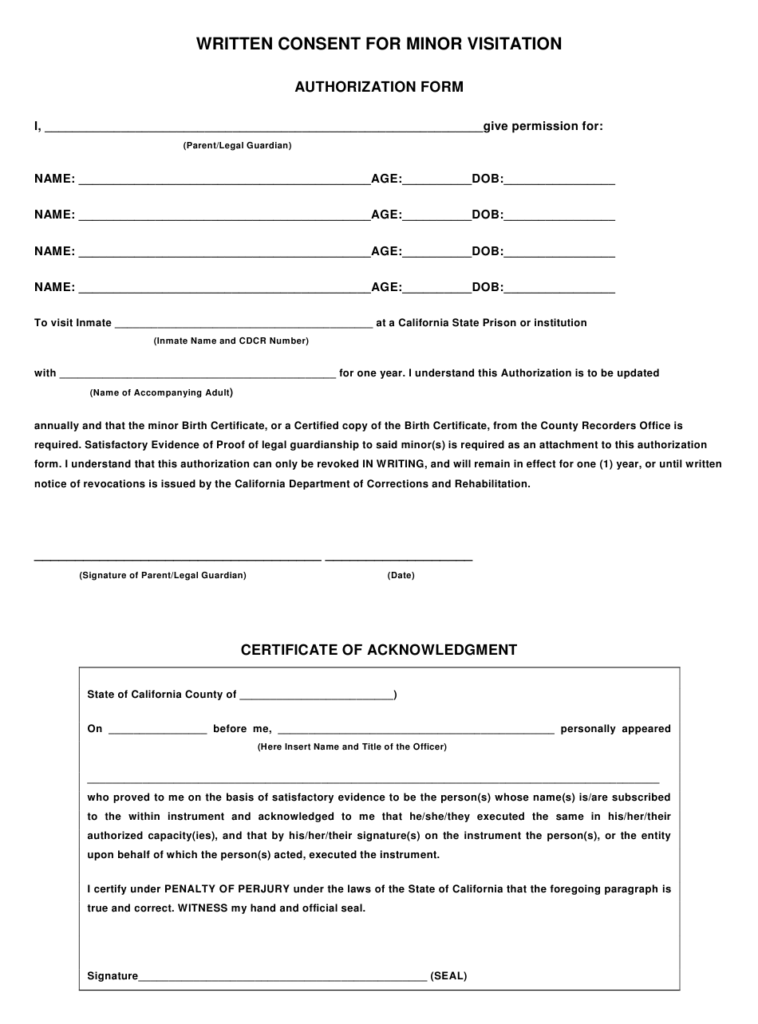 California Written Consent For Minor Visitation Authorization Form 