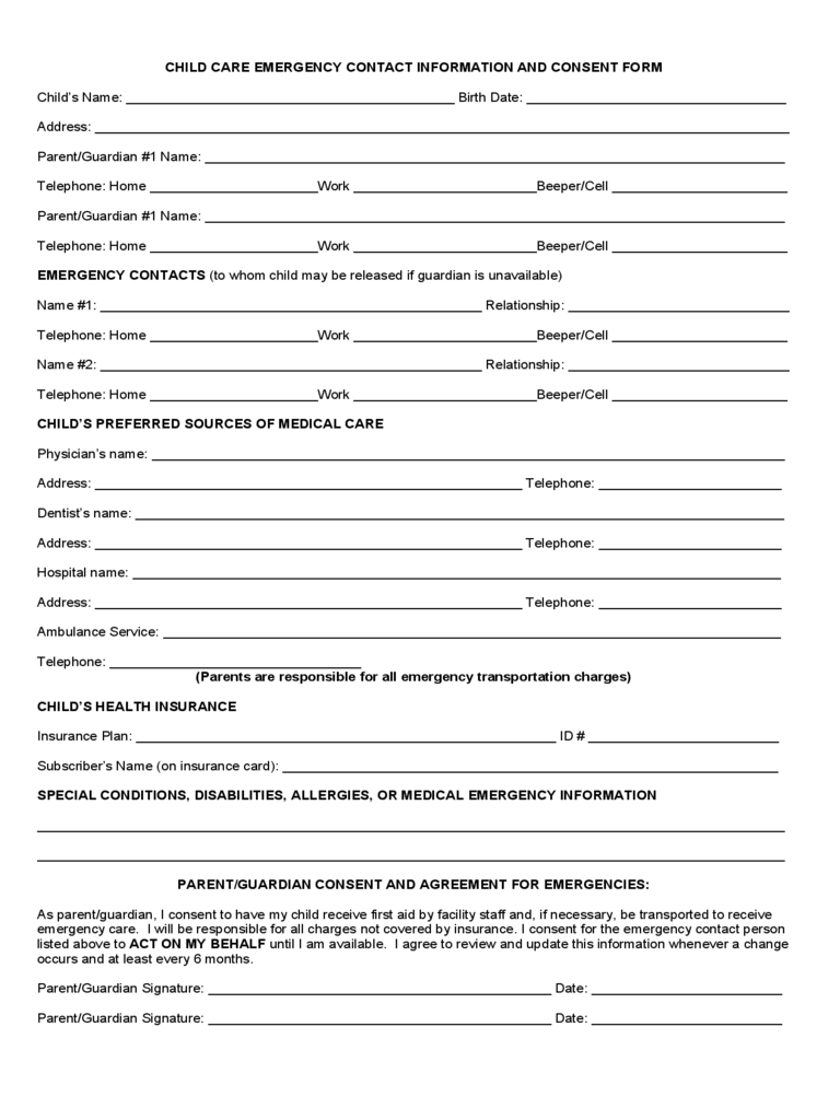 Child Care Emergency Contact Form 2 Free Templates In PDF Word