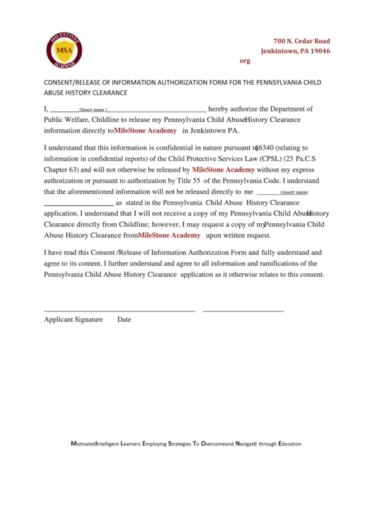 Consent release Of Information Authorization Form For The Pennsylvania 