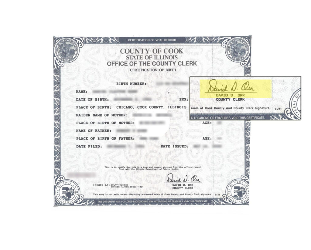 County Of Cook State Of Illinois Birth Certificate Signed By David D 