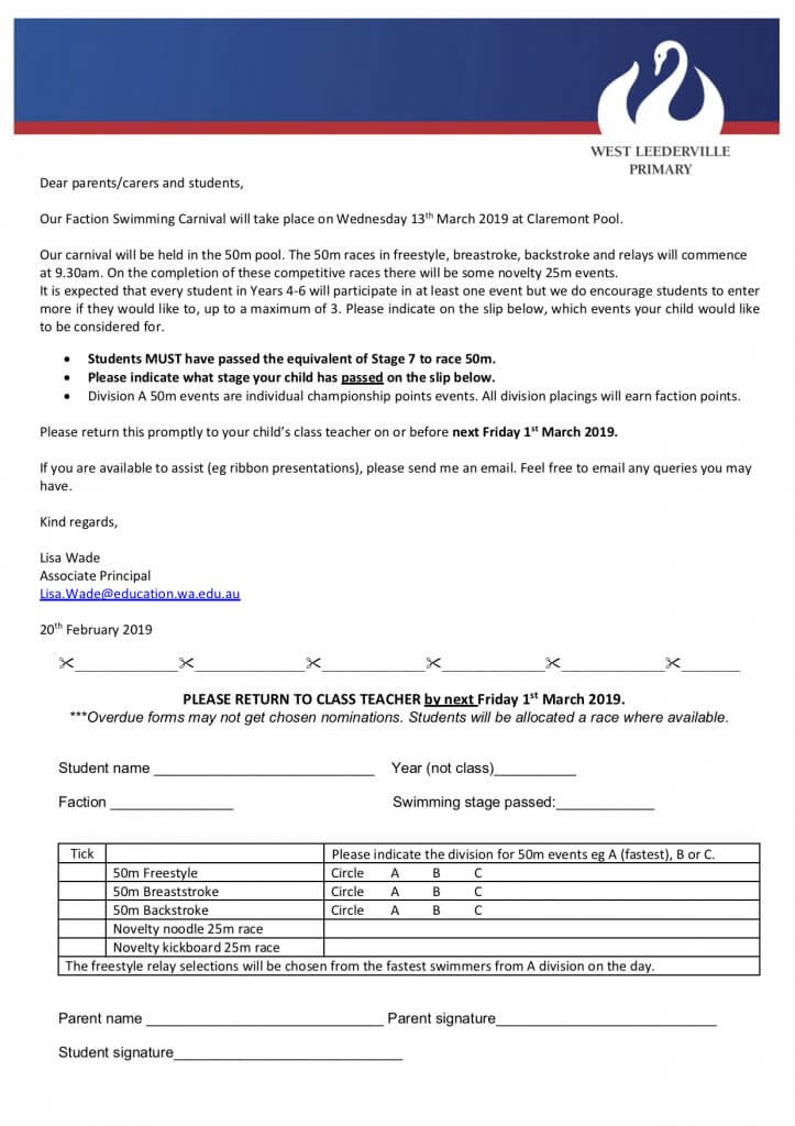 Faction Swimming Carnival Nomination And Consent Years 4 To 6 WLPS