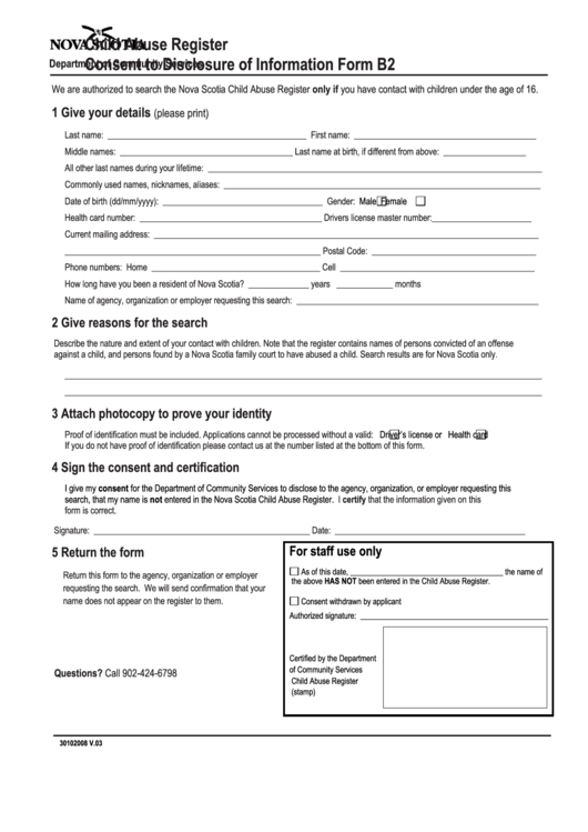 Fillable Child Abuse Register Consent To Disclosure Of Information Form 