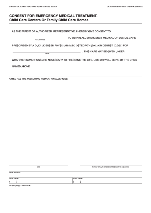 Fillable Consent For Emergency Medical Treatment Printable Pdf Download